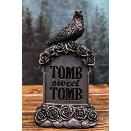 Gothic Raven Crow Perching On Black Roses Graveyard Tomb Headstone Figurine