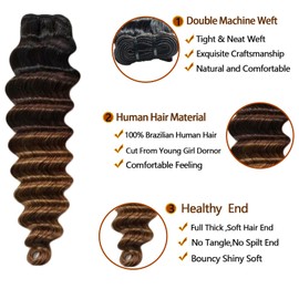 10A Bundles With Closure Loose deep Wave 16 18 20+16in, TB/2/30 Ombré Quick Weave Double Wefted Human Hair Bundles Unprocessed Brazilian Loose Wave with HD Lace Closure Free Part Pre plucked
