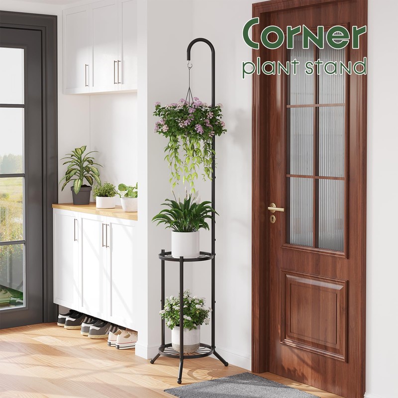2-Tier Plant Stand With Hanging Hook, Metal Standing Plant Hanger,