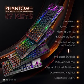 TECWARE Phantom+ 87 Key Mechanical Gaming Keyboard, RGB led, TKL 75% Keyboard, Thocky Sounding, Wraith Pink Switch