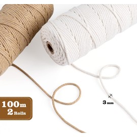 ilauke 2 Rolls Macrame Cord 3mm x 100m, Natural Macrame Cotton Cord DIY Craft Cord Cotton Rope for Wall Hanging, Plant Hangers, Crafts, Knitting, Decorative Projects (Beige Yellow)