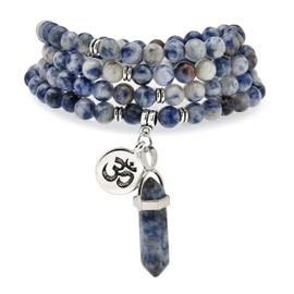 Natural Japa Mala 108 Beads Bracelet Necklace Meditation Accessories with om Chram and Reiki Quartz Hexagonal Prism Pendant, 6mm, Stone, No Gemstone