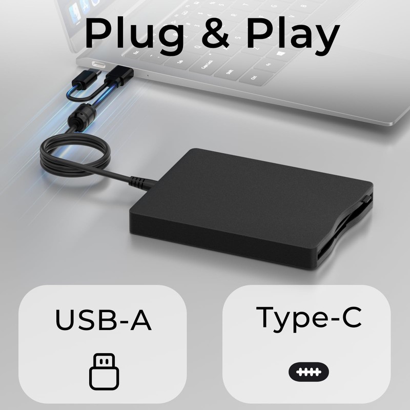 MthsTec USB Floppy Drive, 3.5" External USB & Type-C Floppy