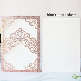 Hosmsua 50PCS 5.1x7.3 Inch Blank Rose Gold Glitter Quinceanera Invitations Kit Laser Cut Floral Crown Pocket Quinceanera Invitation Cards with Envelopes for Birthday Quince Anos Invite