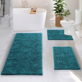 Hearth & Harbor Bathroom Rugs, Chenille Bath Mat - Machine Washable Bath Mats for Bathroom Non-Slip Backing Rubber, Quick Dry Bathroom Mat - Teal Blue Bath Rug, 17x24-26x44-20x24