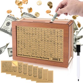 Money Box with Counter, Reusable Wooden Money Box Retro Piggy Bank with 500 1000 2000 3000 5000 10000 Money Saving Target, Wooden Money Bank for Kids Adults to Create Emergency Fund