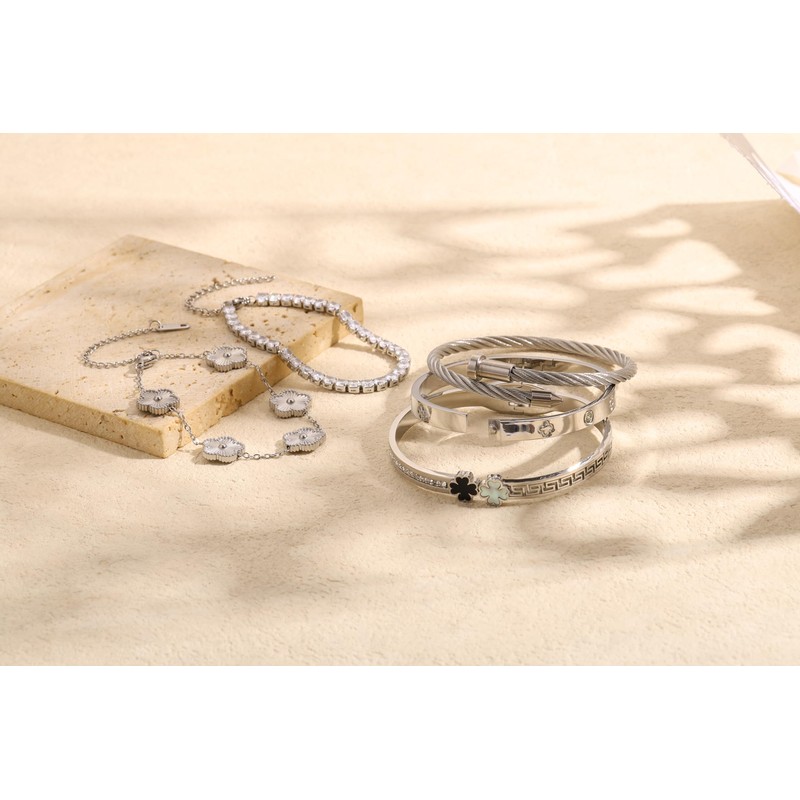 Camhanno Silver Bangle Bracelets for Women - Stainless Steel Stackable