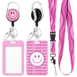 Pink Smile ID Badge Holder with Breakaway Lanyard Badge Reel Preppy Aesthetic Name Tag Card Case Strap Retractable Reel Clip Back to School Supplies for Girl Student Teacher Nurse Doctor Office Worker