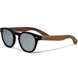 GOWOOD Womens and Mens Round Sunglasses with Black Acetate Frame, Silver Mirrored Polarised CE Marked UV400 Lenses and Real Walnut Wood Temples