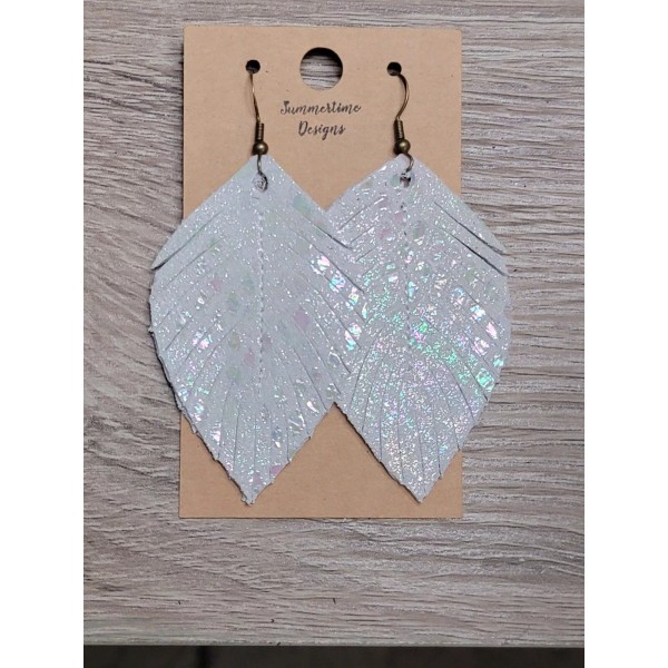 Handmade GENUINE Leather Feather Earrings White Suede w Holo Python