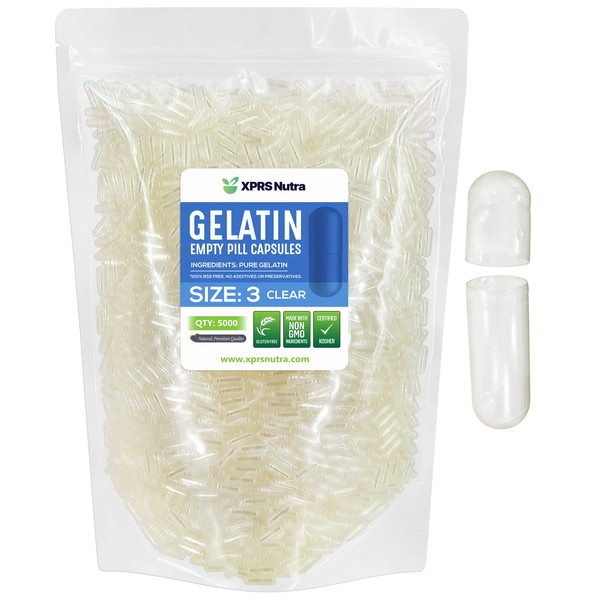 Capsules Express - Cápsulas de gelatina vacías transparentes de tamaño 3, 5000 unidades, fácil de tragar - Kosher y Halal - Cápsula pura de gelatina bovina - Suplemento de polvo para rellenar