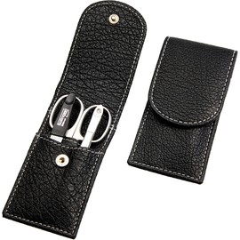 Sonnenschein by Hans Kniebes - Manicure Set 3 Pieces - Nail Scissors, Nail File and Tweezers - Pocket Manicure Nail Care Set - Buffalo Leather Manicure Case Black