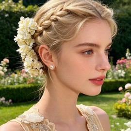 2 Pack Floral Hair Pins with Hydrangea Flowers for Women Boho Artificial Floral U-Shaped Hairpins for Updo Bun Bridal Beach Seaside Party Hair Accessories (White)