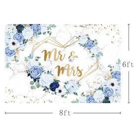 AIBIIN 8x6ft Mr and Mrs Floral Backdrop for Bridal Shower Blue and White Flowers Photography Background Hearts Geometric Couple Wedding Party Decorations Bride to Be Engagement Banner Props