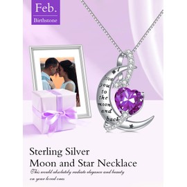 TOUPOP - Collar con colgante de luna y estrella para mujer, oro blanco, plata de ley S925, con colgante con amatista, piedra natal de febrero, regalo de cumpleaños para hermana amiga, Chapado en oro,