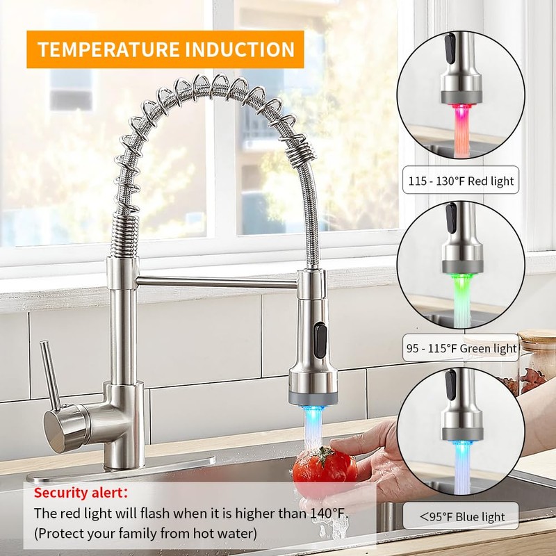 LED Light Kitchen Faucet with Pull Down Sprayer Sus304 Stainless