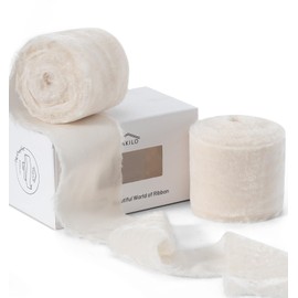 FAKILO 2 Inch Ivory Velvet Ribbon Christmas Ribbon for Gift Wrapping, 4 Yard Frayed Silk Velvet Ribbon for Flower Bouquet, Wedding Decor