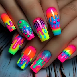 Curvlife Press On Nails Stick On Short Design Acrylic Stick On Nails Tips Glue On False Nails Kit For Women (Artistic color, Long)