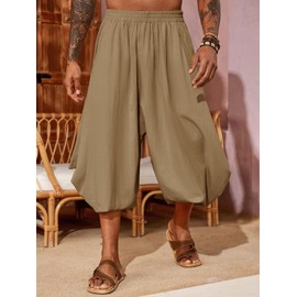 PASLTER Mens Harem Pants Linen Yoga Beach Baggy Summer Boho Aladdin Genie Pants Brown