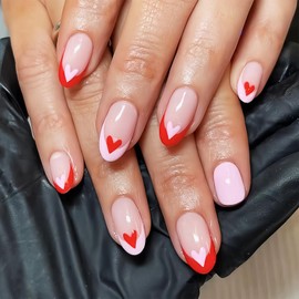 Valentine's Day Press on Nails, French Tip Short Medium Almond Fake Nails Red Pink Heart Design Nude Pink Color Press on Nails Stick On Nails Glue On Nails for Women and Girls Valentine Gift 24Pcs