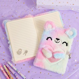 YankMooM Journal for Kids Diary with Lock for Girls, Fuzzy Secret Kids Journal Tie-Dye Notebook Gift for for Writing and Drawing, Hardcover Fluffy Bear Secret Diary with Stickers for Kids