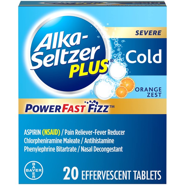 ALKA-SELTZER PLUS Severe Cold, PowerFast Fizz, Zest Effervescent Tablets, for Adults with Headache, Sore Throat, Sinus Congestion, Runny Nose, Sneezing, Fever, Body Aches & Pains, Orange, 20 Count