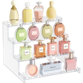 Lifewit 4 Tier Clear Display Riser Stand with Decorative Secure Fences, Tool-free Assembly, Plastic 12 Inch Perfume Organizer, Display for Figures, Cupcake, Dessert, 1-pack