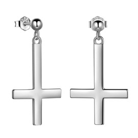 Inverted Cross Earrings 925 Sterling Silver Women Men Unisex Upside-down Cross Dangle Earrings Stud Satanic Minimalist Statement Earrings FE0073W
