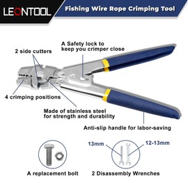 LEONTOOL Crimping Pliers, Hand Pressor, Wire Diameter 0.004 - 0.09 inch (0.1 - 2.2 mm), Crimping Sleeve, Crimping Tool, Stainless Steel, Aluminum Sleeve, Crimping Wire Cutter, Wire Rope, Cutting,