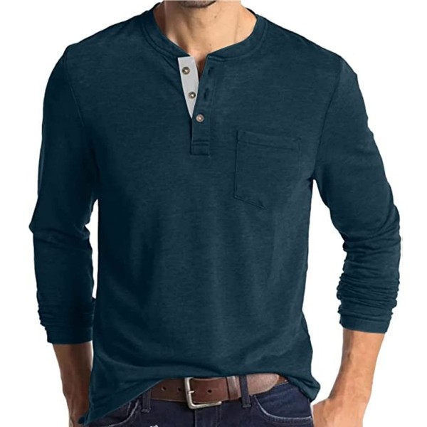 Camisa Henley de manga larga para hombre, casual, ligera, ajustada, básica, con bolsillos, botón de algodón, otoño, Azul mezclilla, XX-Large