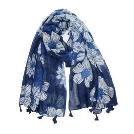 YOUR SMILE Large Boho Scarf for Women Lightweight Floral Printed Scarves Fall Winter Fashion Fringed Shawl wraps,Navy Blue Flower