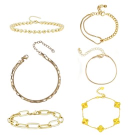 Ladies' Gold Bracelet Set - Exquisite Gold Plated Link, Stackable Cuff Bracelet, Adjustable 7 inches+2 inches, Ladies' Fashion Jewelry Gift 5+1 piece (Comes with Gold Clover Bracelet)