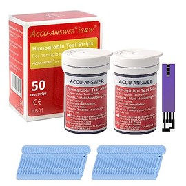 ACCU-Answer 50 Test Hemoglobin Test Strips for ACCU-Answer 4-in-1 Test Meter, 50 Lancets Total Included. No Code Card Need, Accurate and Fast, Easy to Use and Read