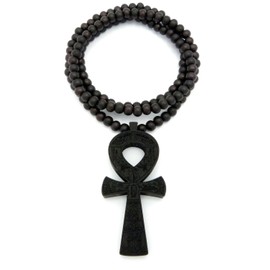 Egyptian Ankh Cross Pendant 8mm 36" Wooden Bead Necklace Black-Tone XJ224BK