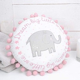 "Dream Big Little One" Elephant Round Cushion with pom pom Baby Girl Pink