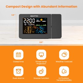SMARTRO SC91 Projection Alarm Clock for Bedrooms with Weather Station, Wireless Indoor Outdoor Thermometer, Temperature Humidity Monitor Gauge Hygrometer