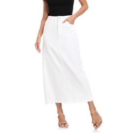 MISS MOLY Women's Long Mid Denim Skirts Stretch High Waist Frayed Raw Hem Split A line Flare Jean Skirt Maxi Dress White M