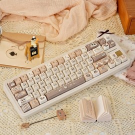 SWDPORT Cute Cat Keycaps Set, 132 Keys Thick PBT Mao Profile Keycaps, Dye Sublimation Keycap Set for MX Mechanical Keyboard, Fits 60% 75% 96% TKL 100% Layouts, Beige and Brown