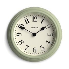 Jones Clocks® 'Frieze' wall clock – small round contemporary classic round clock in green, with pretty numbers, 23cm, ideal for the kitchen, living room, office or bedroom