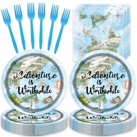 48pcs Adventure World Awaits Map Party Decorations Travel Themed Party Plates Napkins and Forks for The Adventure Is Worthwhile,Suitable for 16 Guests