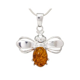 LIGURIUS NATURAL BALTIC AMBER STERLING SILVER 925 NECKLACE Cognac Bee PENDANT Gemstone For Women & Silver Adjustable CHAIN Snake 45cm - 50 cm, Gift set