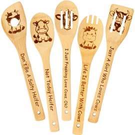 5PCS Cow Wooden Cooking Spoons Cow Gifts for Women Cute Cow Kitchen Decor Cow Stuff Engraved Bamboo Cow Kitchen Accessories Cow Themed Gift for Cow Lovers