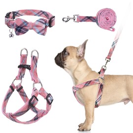 BINGPET Dog Harness Collar Leash Set,Adjustable No Pull Escape Proof Small Dog Harness,Classic Plaid Puppy Harness and Leash Set for Small Medium Large Dogs Training Easy Walk Running(Pink,M)