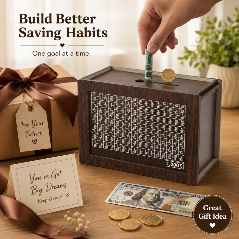 Wooden Savings Challenge Box for Cash – Reusable $10,000 Money