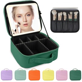 MORMID Makeup Bag with Led Mirror,Large Vanity Makeup Cases with 3 Color Setting,Portable Storage and Adjustable Dividers,for Women and Makeup Artists Cosmetic Organizer Travel Makeup Bag-Dark Green