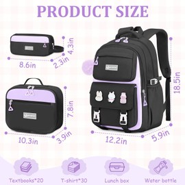 Fitvc School Backpack for Girls - 5PCS Girls Backpack with Lunch Box Set for Kids Elementary Middle High School Students - 18" Large Capacity School Bookbag & Multifunctional Travel Bag