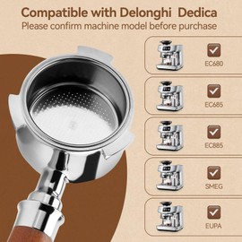 HOUTRIDA 51mm Bottomless Portafilter 3 Ears, Espresso Wood Handle with Stainless Steel 16g Portafilter Basket, Compatible with Delongli Dedica EC680, EC685 &EC885 and SMEG &EUPA Coffee Machines