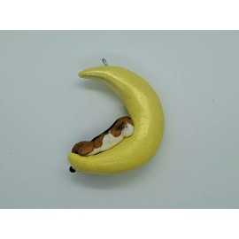 Celtic Forest Clay BASSET HOUND Ornament SLEEPING ON CRESCENT MOON Window Hanger TRI CLR Handmade