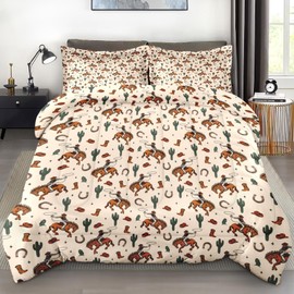 Pamnest Comforter Set Queen Size, Western Cactus Cowboy 3 Pcs Soft Bedding for Kids and Adults, Boho Retro Cowgirl Comforter Set with Pillowcase, for Bedroom Bed Decor