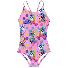 RAISEVERN Girls Swimsuit 1 Piece Cat Bathing Suit for Kids Beach Summer Swimwear Cross Back Adjustable Straps Swim Suit 10 Years Old